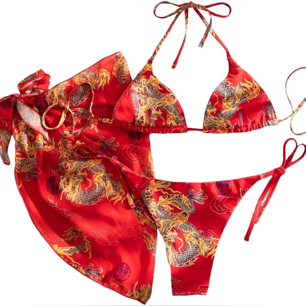 NWOT SweatyRocks Red Dragon Print 3 Piece Bikini Set with Sarong Mesh Cover Up L
